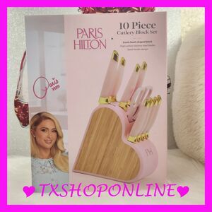 💗Paris Hilton 10-Piece Heart-Shaped Stainless Steel Knife Block Set, Pink💗